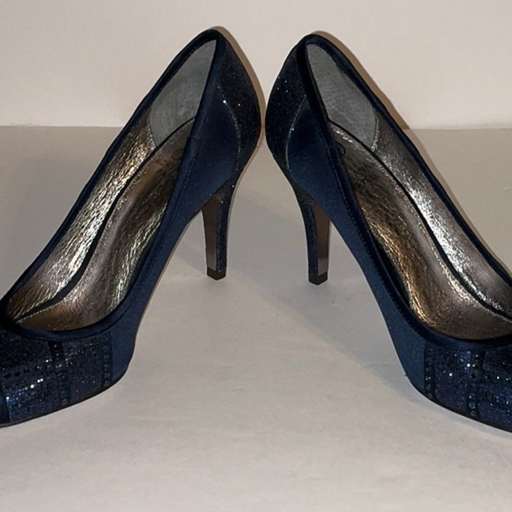 Adrianna Papell, Blue Sparkly Peekaboo toe Heels, Sz 7 - Picture 5 of 9